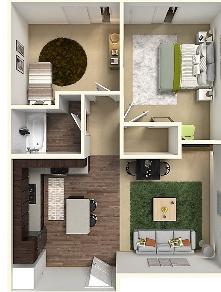A four-panel image showing a small apartment layout with a living room, kitchen, and bathroom.